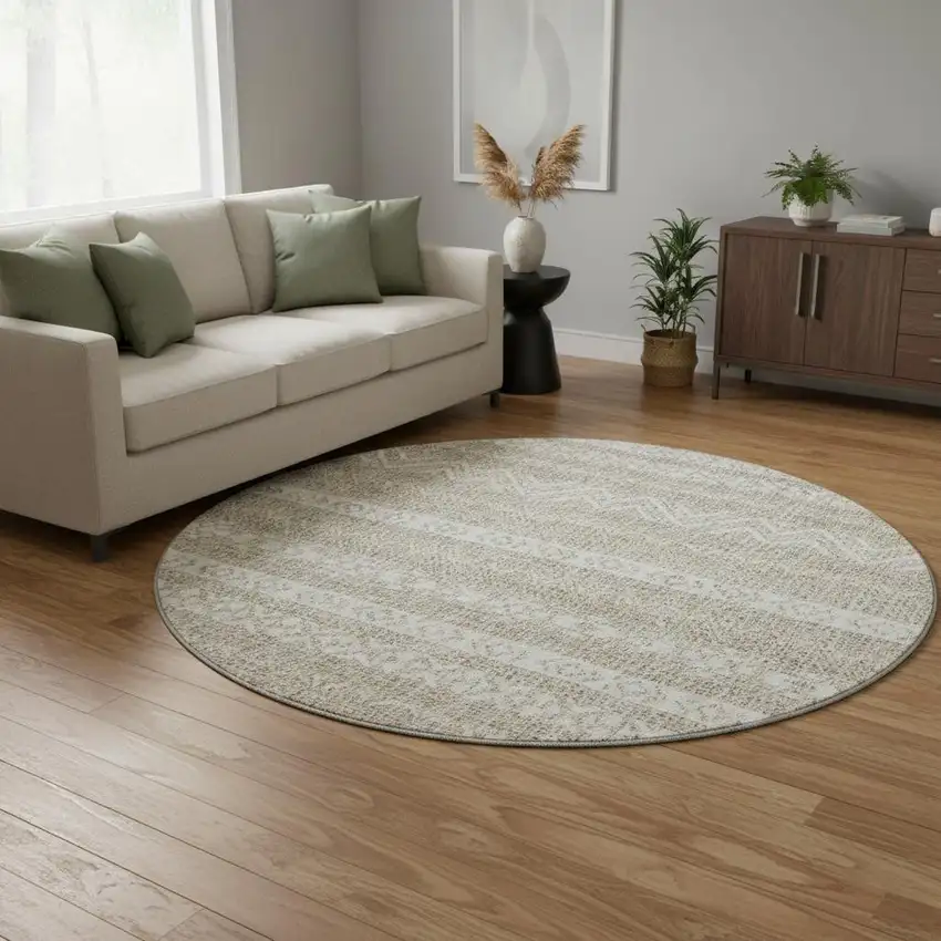 8' Beige And Ivory Southwestern Washable Round Rug With UV Protection Photo 2