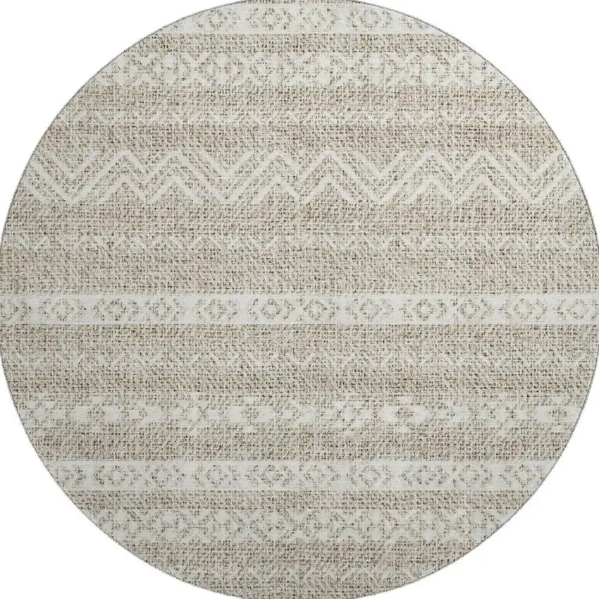 8' Beige And Ivory Southwestern Washable Round Rug With UV Protection Photo 3