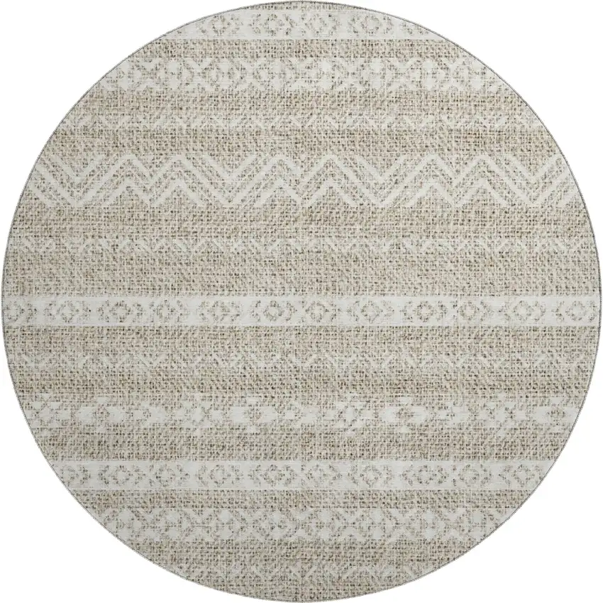 8' Beige And Ivory Southwestern Washable Round Rug With UV Protection Photo 1