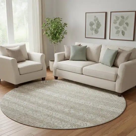 8' Beige And Ivory Southwestern Washable Round Rug With UV Protection Photo 1