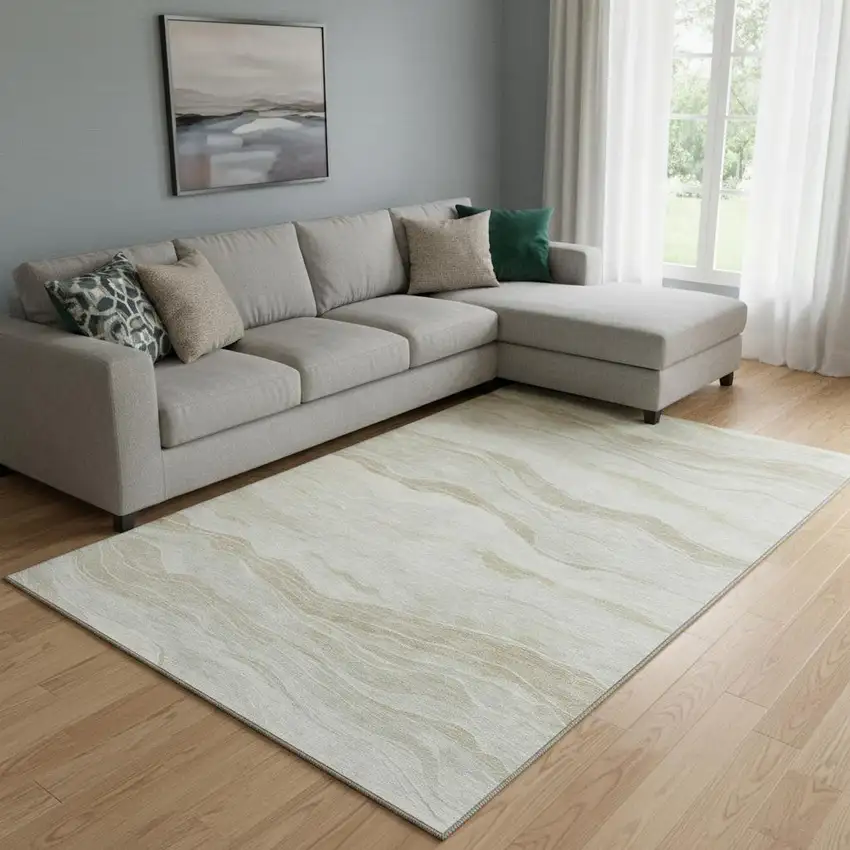 8' Beige And Ivory Striped Washable Area Rug With UV Protection Photo 2