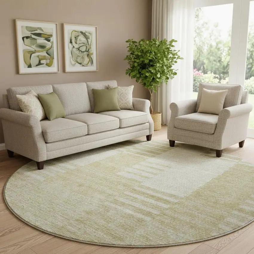 8' Beige And Ivory Striped Washable Round Rug With UV Protection Photo 1