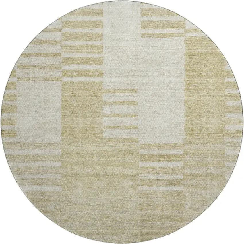 8' Beige And Ivory Striped Washable Round Rug With UV Protection Photo 1