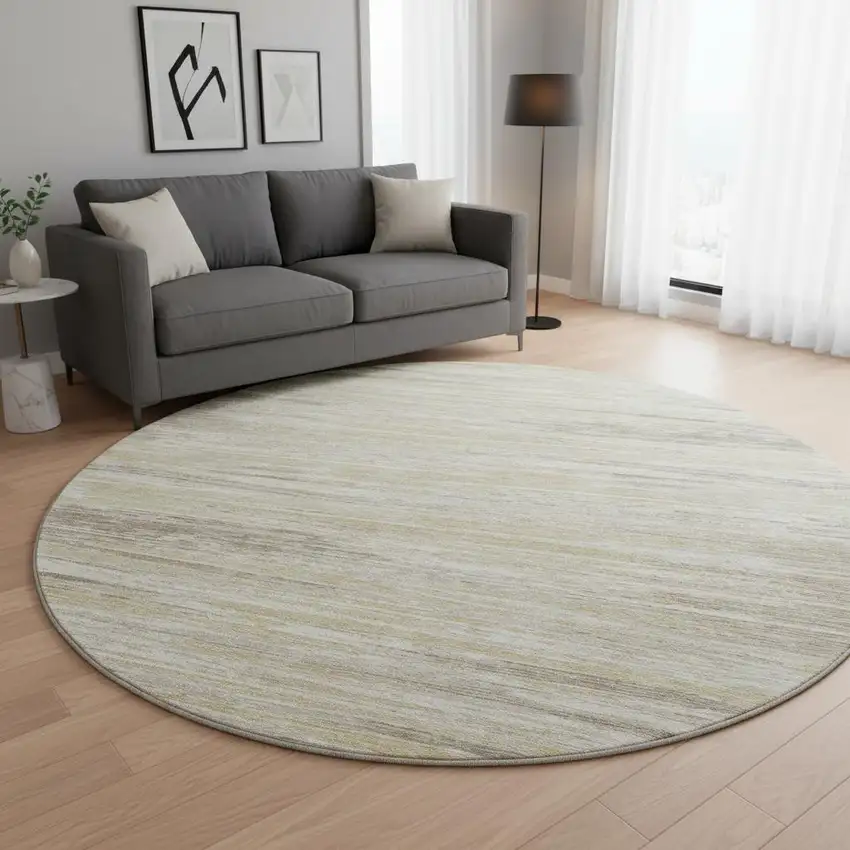 8' Beige And Ivory Striped Washable Round Rug With UV Protection Photo 2