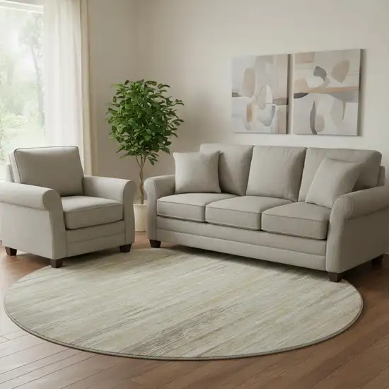 8' Beige And Ivory Striped Washable Round Rug With UV Protection Photo 1