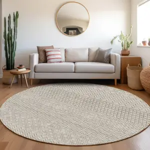 Photo of 8' Beige And Ivory Striped Washable Round Rug With UV Protection