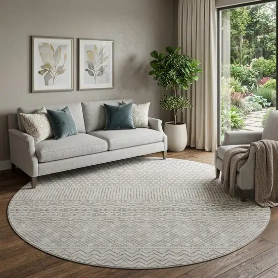 8' Beige And Ivory Striped Washable Round Rug With UV Protection Photo 1