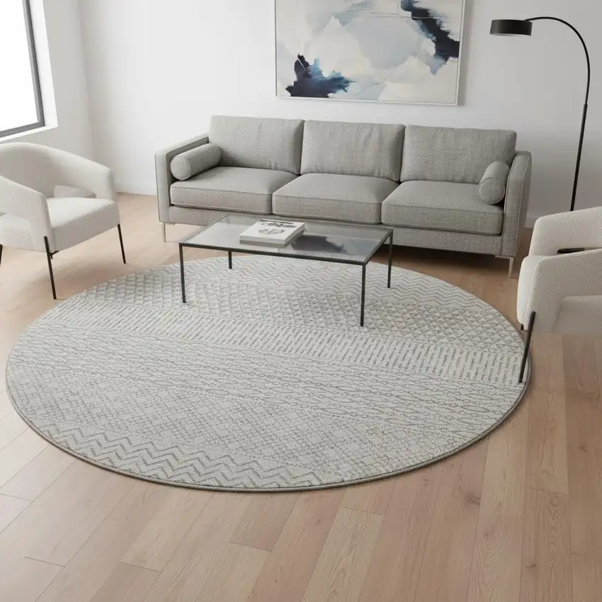 8' Beige And Ivory Striped Washable Round Rug With UV Protection Photo 2