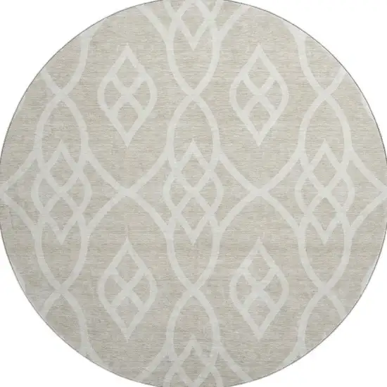 8' Beige And Ivory Trellis Washable Round Rug With UV Protection Photo 4