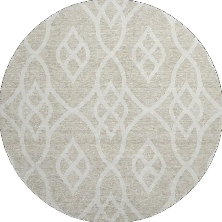 8' Beige And Ivory Trellis Washable Round Rug With UV Protection Photo 4