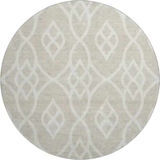 8' Beige And Ivory Trellis Washable Round Rug With UV Protection Photo 1
