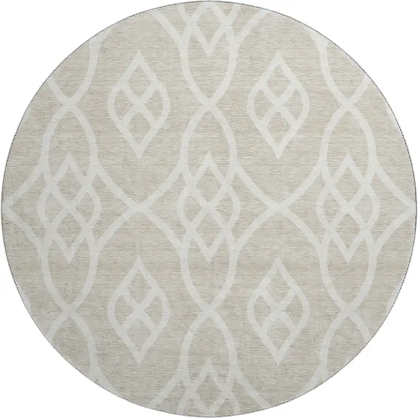 8' Beige And Ivory Trellis Washable Round Rug With UV Protection Photo 1