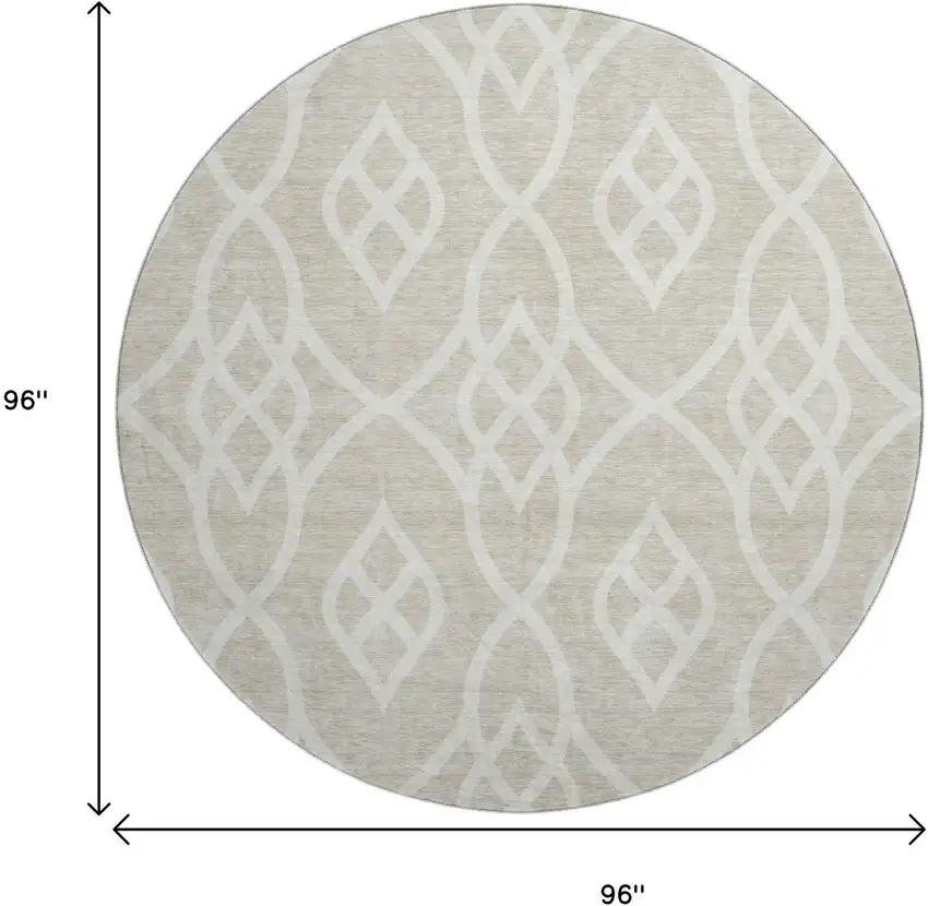 8' Beige And Ivory Trellis Washable Round Rug With UV Protection Photo 8