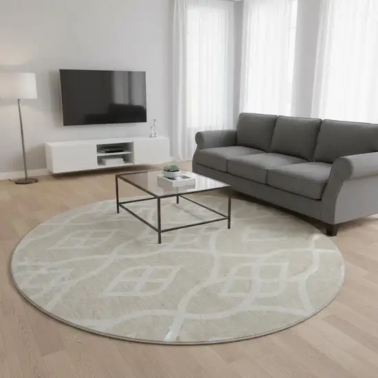 8' Beige And Ivory Trellis Washable Round Rug With UV Protection Photo 2