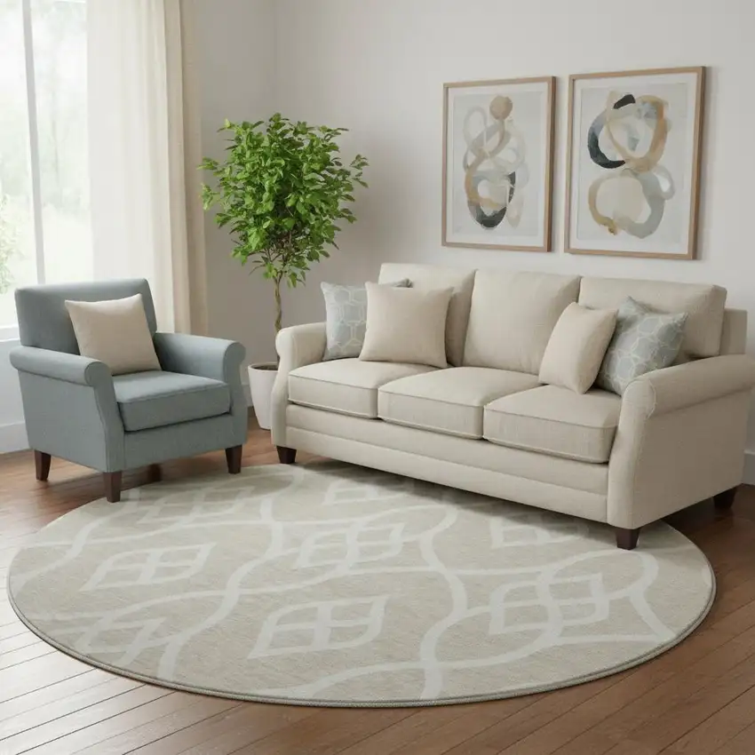 8' Beige And Ivory Trellis Washable Round Rug With UV Protection Photo 1