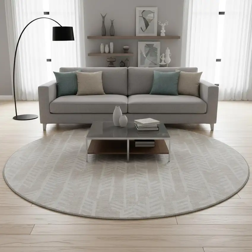 8' Beige And Ivory Tribal Washable Round Rug With UV Protection Photo 2