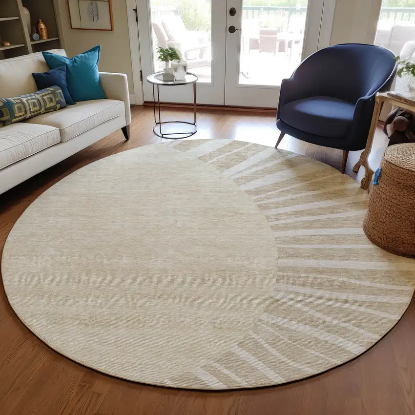 8' Beige And Khaki Round Abstract Washable Indoor Outdoor Area Rug Photo 8