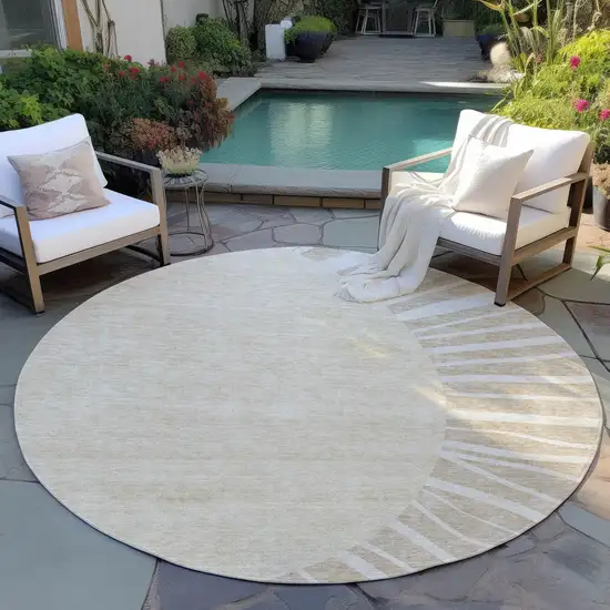 8' Beige And Khaki Round Abstract Washable Indoor Outdoor Area Rug Photo 7