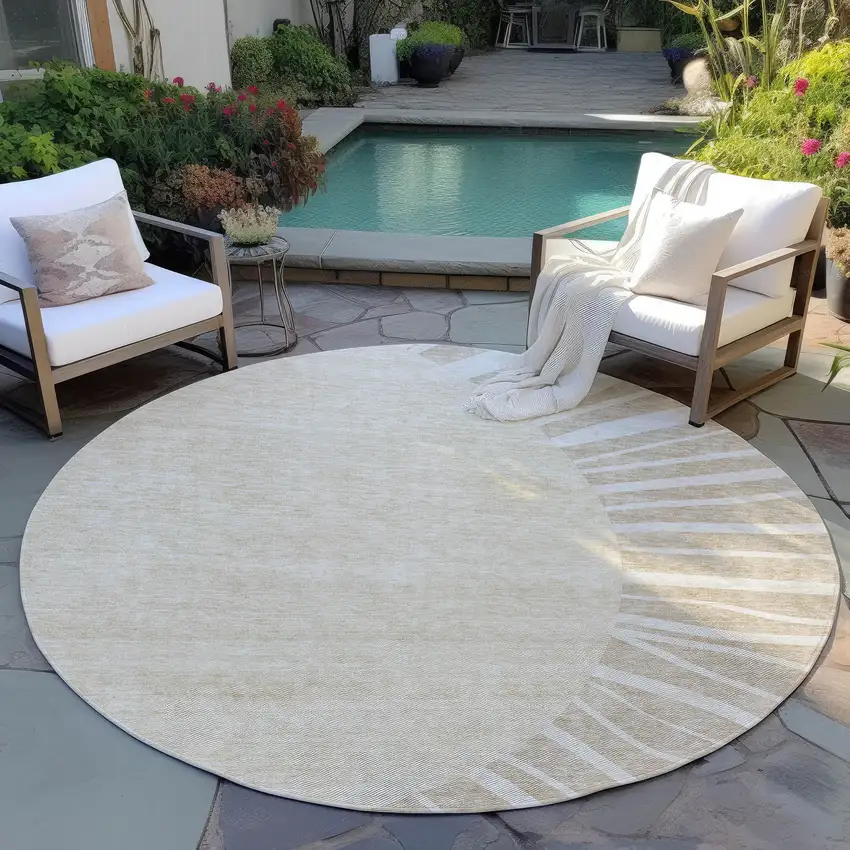 8' Beige And Khaki Round Abstract Washable Indoor Outdoor Area Rug Photo 7