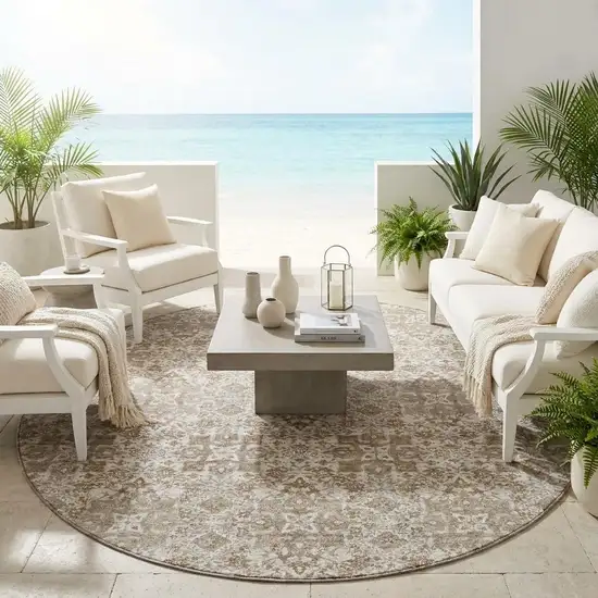 8' Beige And Khaki Round Oriental Washable Indoor Outdoor Area Rug Photo 1