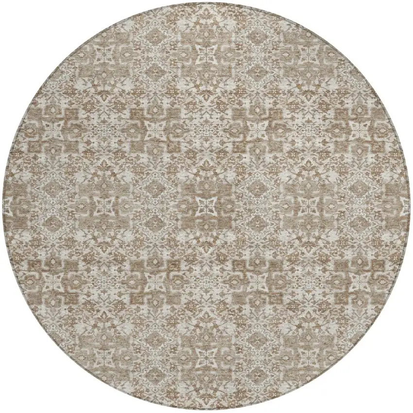 8' Beige And Khaki Round Oriental Washable Indoor Outdoor Area Rug Photo 2