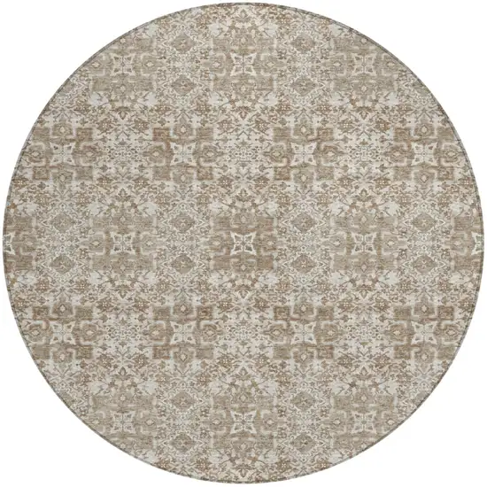 8' Beige And Khaki Round Oriental Washable Indoor Outdoor Area Rug Photo 2
