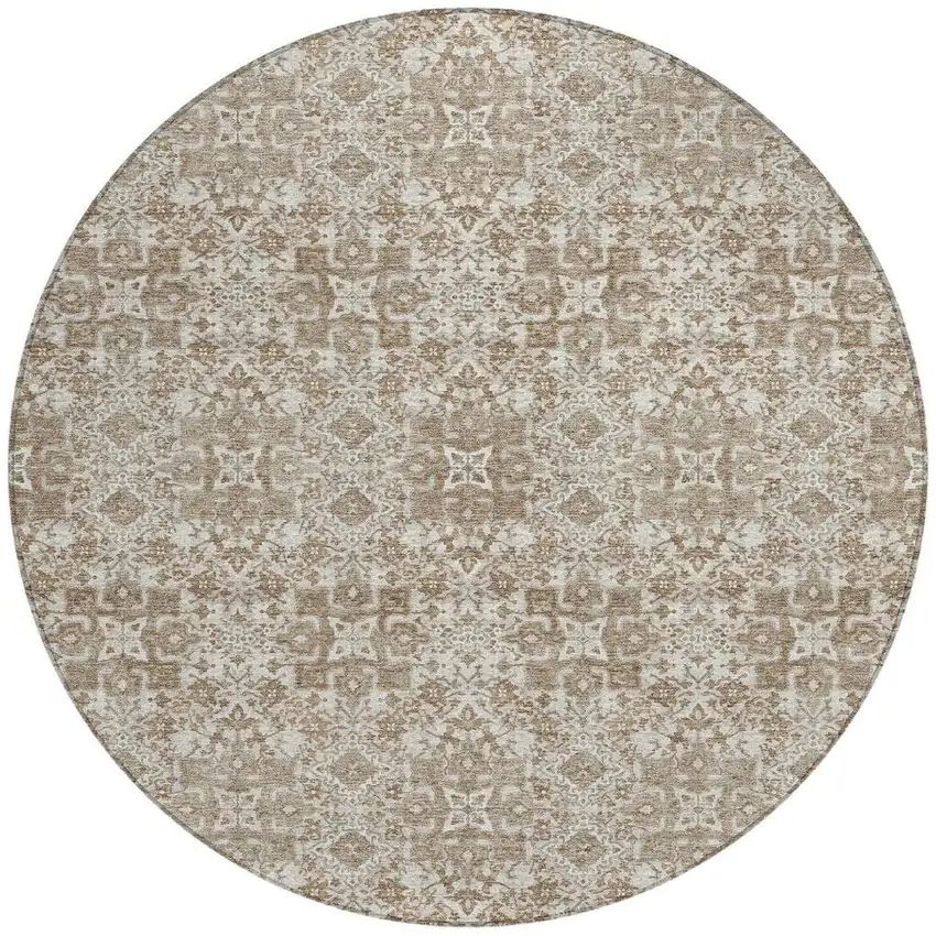8' Beige And Khaki Round Oriental Washable Indoor Outdoor Area Rug Photo 4