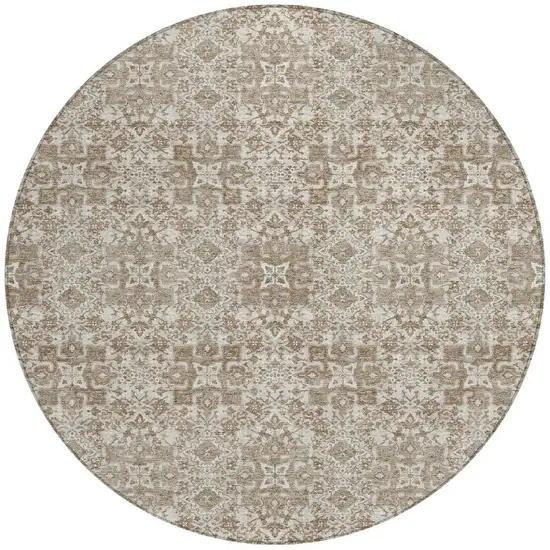 8' Beige And Khaki Round Oriental Washable Indoor Outdoor Area Rug Photo 4
