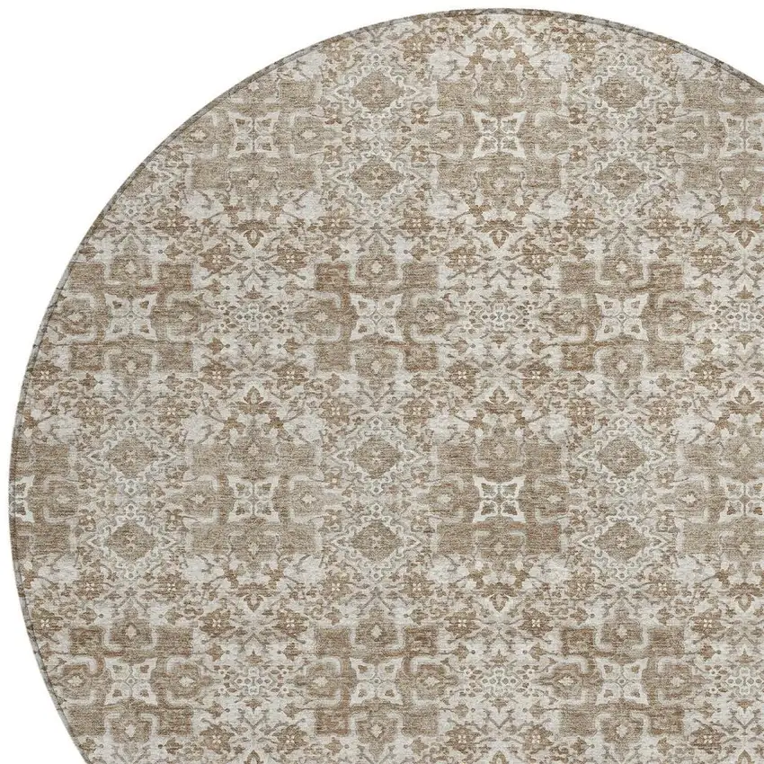 8' Beige And Khaki Round Oriental Washable Indoor Outdoor Area Rug Photo 3