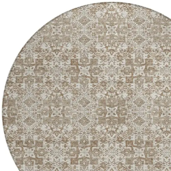 8' Beige And Khaki Round Oriental Washable Indoor Outdoor Area Rug Photo 3