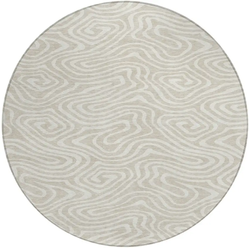 8' Beige And Linen Round Abstract Washable Indoor Outdoor Area Rug Photo 2