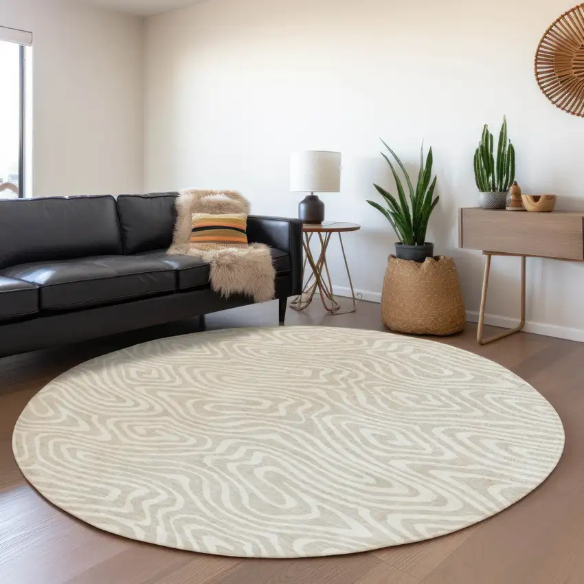 8' Beige And Linen Round Abstract Washable Indoor Outdoor Area Rug Photo 7