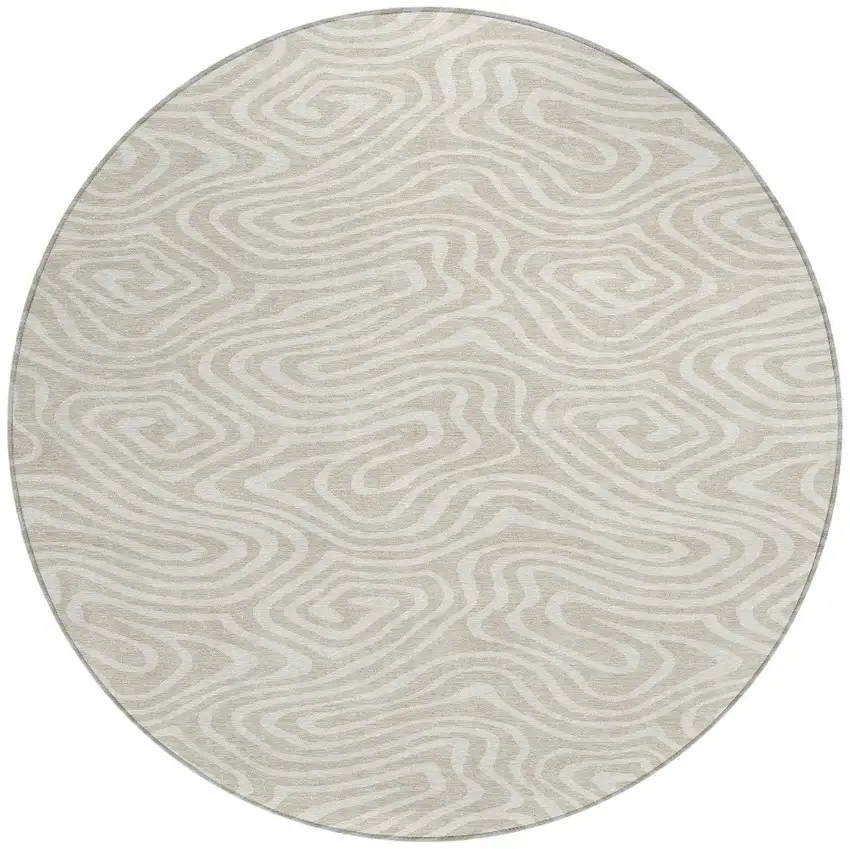 8' Beige And Linen Round Abstract Washable Indoor Outdoor Area Rug Photo 5