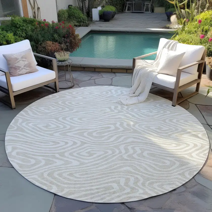 8' Beige And Linen Round Abstract Washable Indoor Outdoor Area Rug Photo 6