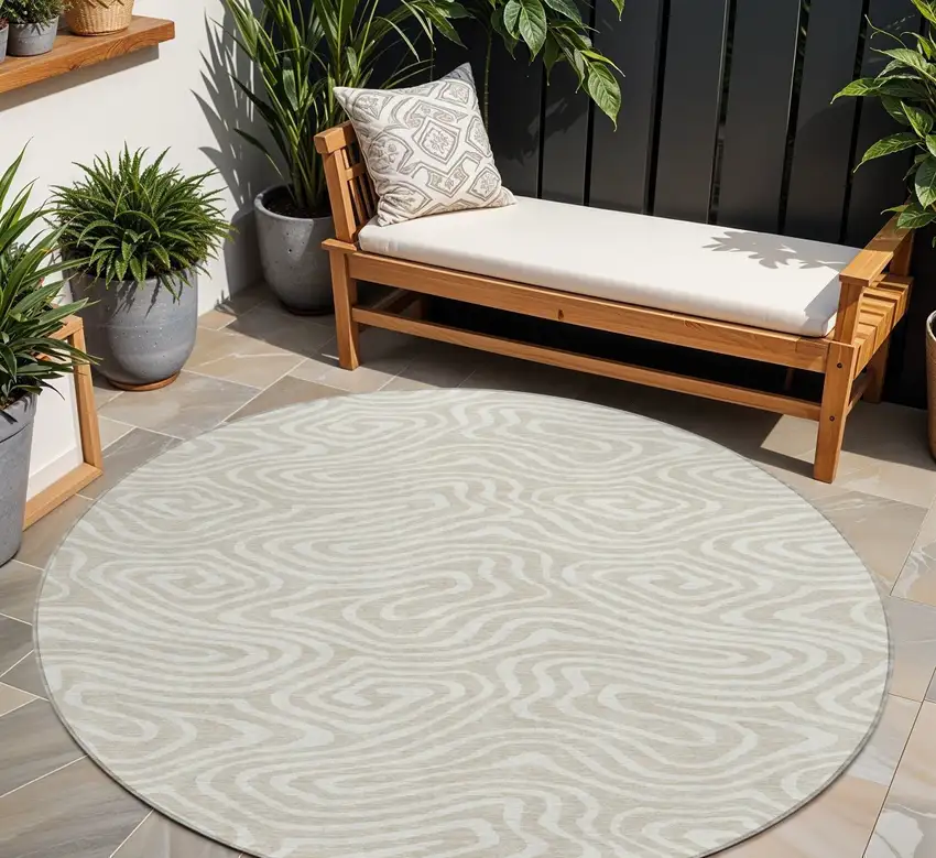 8' Beige And Linen Round Abstract Washable Indoor Outdoor Area Rug Photo 1
