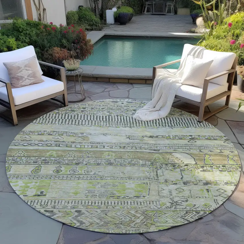 8' Beige And Mint Green Round Striped Washable Indoor Outdoor Area Rug Photo 5
