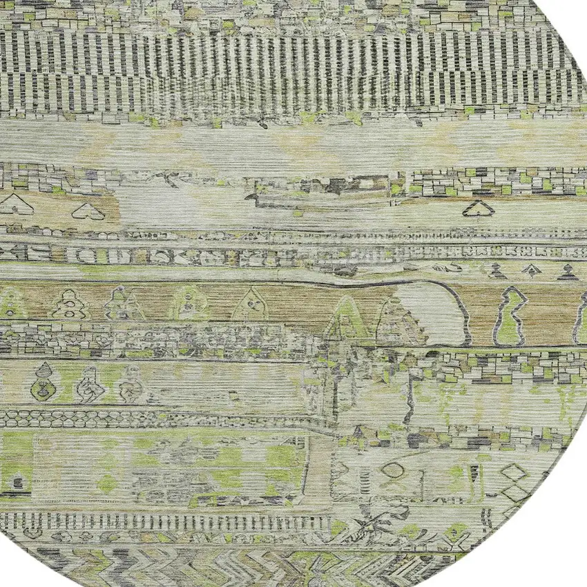 8' Beige And Mint Green Round Striped Washable Indoor Outdoor Area Rug Photo 8