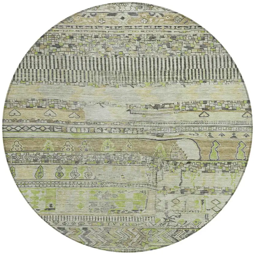 8' Beige And Mint Green Round Striped Washable Indoor Outdoor Area Rug Photo 3