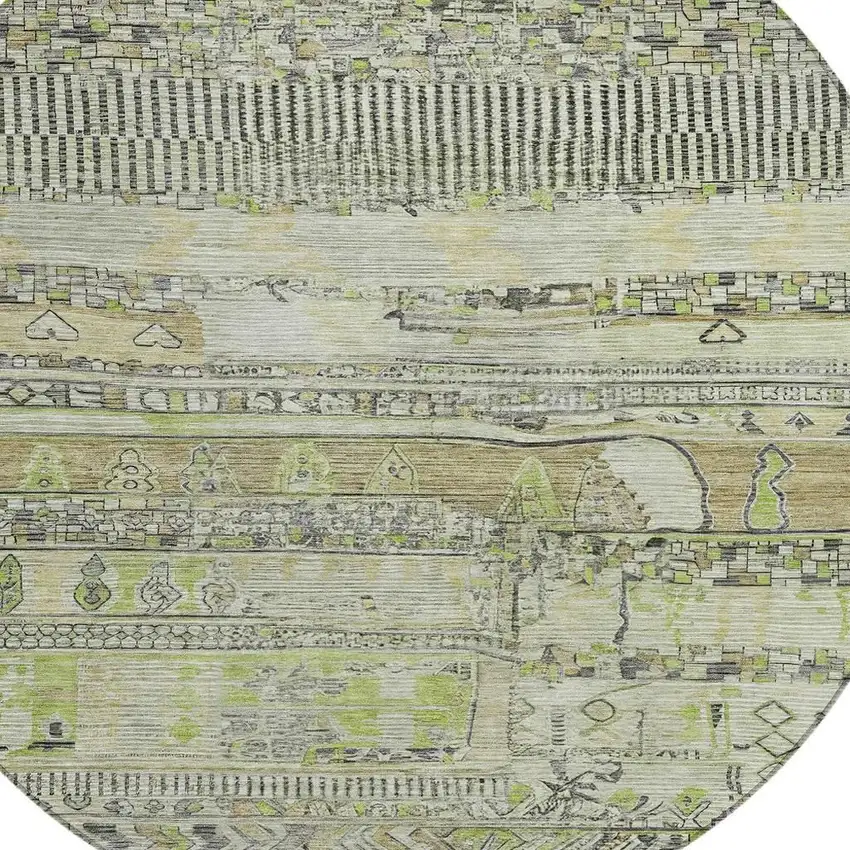 8' Beige And Mint Green Round Striped Washable Indoor Outdoor Area Rug Photo 4