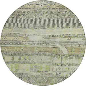 Photo of 8' Beige And Mint Green Round Striped Washable Indoor Outdoor Area Rug