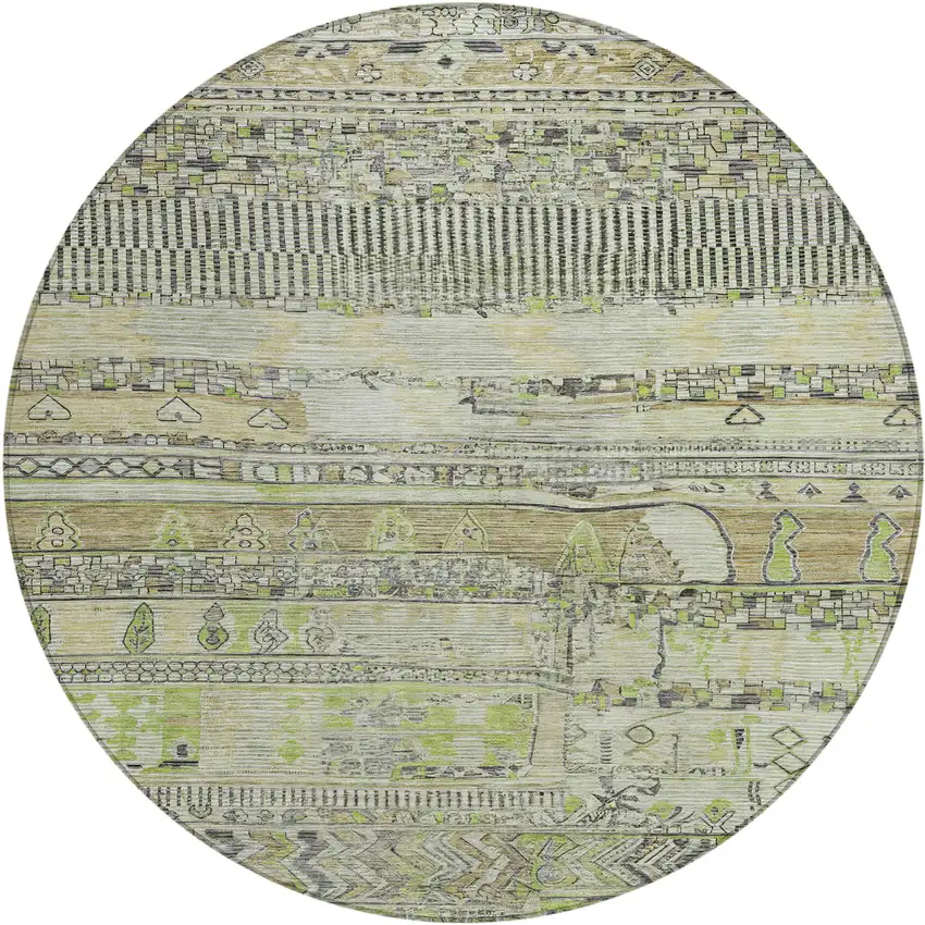 8' Beige And Mint Green Round Striped Washable Indoor Outdoor Area Rug Photo 1