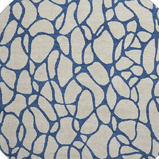 8' Beige And Navy Blue Geometric Washable Round Rug With UV Protection Photo 2