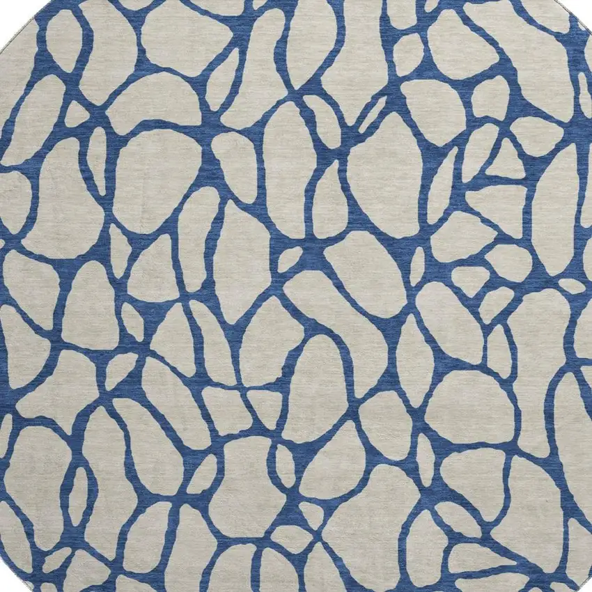 8' Beige And Navy Blue Geometric Washable Round Rug With UV Protection Photo 2