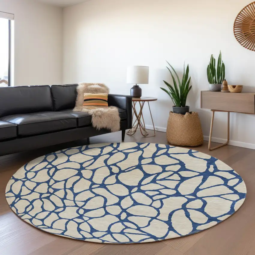8' Beige And Navy Blue Geometric Washable Round Rug With UV Protection Photo 4