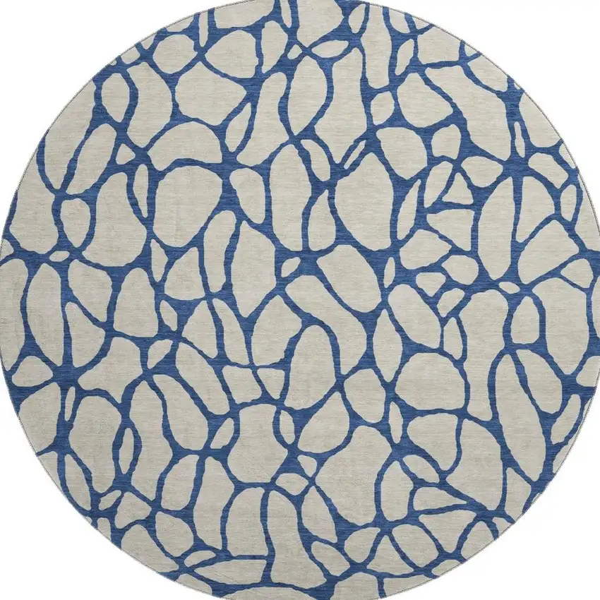 8' Beige And Navy Blue Geometric Washable Round Rug With UV Protection Photo 3