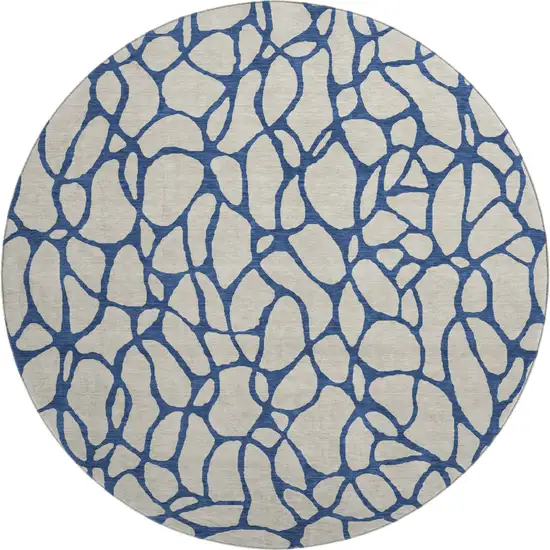 8' Beige And Navy Blue Geometric Washable Round Rug With UV Protection Photo 1