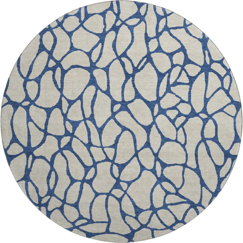 8' Beige And Navy Blue Geometric Washable Round Rug With UV Protection Photo 1