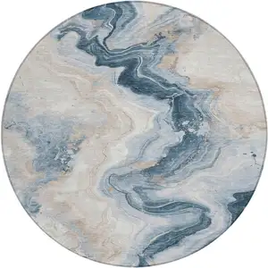 Photo of 8' Beige And Navy Blue Round Abstract Washable Indoor Outdoor Area Rug