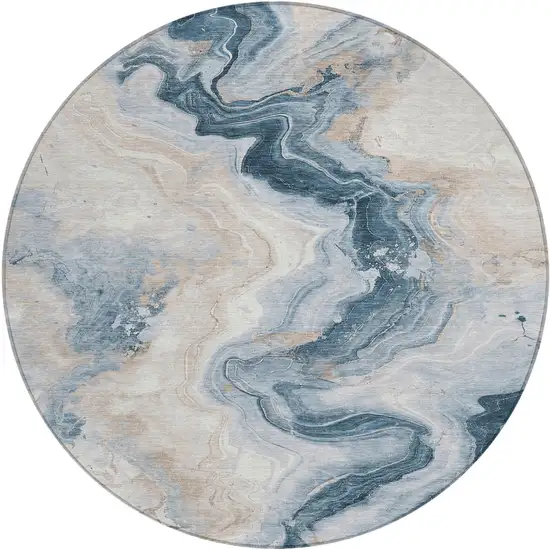 8' Beige And Navy Blue Round Abstract Washable Indoor Outdoor Area Rug Photo 1