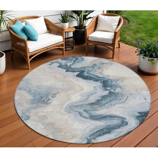 8' Beige And Navy Blue Round Abstract Washable Indoor Outdoor Area Rug Photo 2